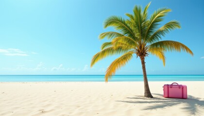 Obraz premium Serene Beach Scene with Palm Tree and Pink Suitcase Under Bright Blue Sky