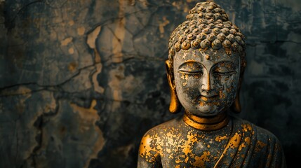 A close-up of a weathered golden Buddha statue.