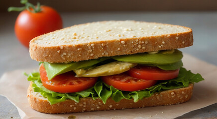 Artisanal sandwich: A mouthwatering close-up of a freshly made sandwich, showcasing layers of vibrant vegetables and wholesome bread, perfect for a satisfying meal.