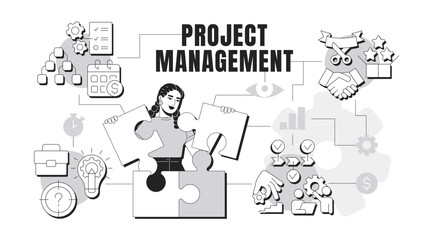 Project management banner conceptual illustration. Workflow organization, tasks. Goal, milestone. Efficiency, performance. Abstract idea with stylized character, outline icons. Monochrome vector