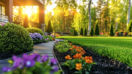 Fototapeta premium Explore the Serenity of a Beautifully Maintained Backyard Featuring Lush Green Plants and Vibrant Flowers for Your Next Garden Inspiration