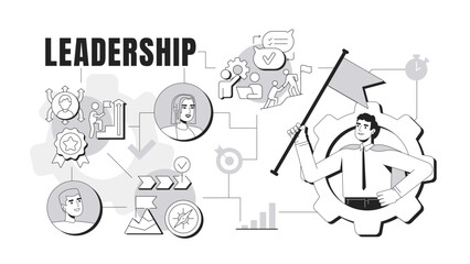 Leadership banner conceptual illustration. Team work organization, support. Guidance, assistance. Achievement, success. Abstract idea with stylized characters, outline icons. Monochrome vector