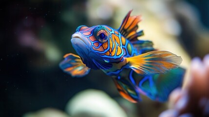 Obraz premium a stunning close-up of a rare Mandarin fish, its vibrant blue, orange, and green patterns illuminated by soft underwater light as it swims near a coral reef.