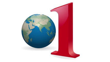 3d red number one standing next to a rotating globe representing global leadership, success, and excellence - Powered by Adobe