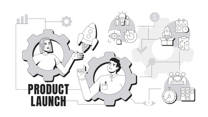 Product launch banner conceptual illustration. Startup management, business organization. Planning, schedule. Abstract idea with stylized characters, outline icons. Monochrome vector