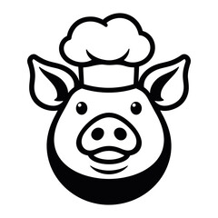 Fototapeta premium A black and white illustration of a friendly pig wearing a chef's hat.