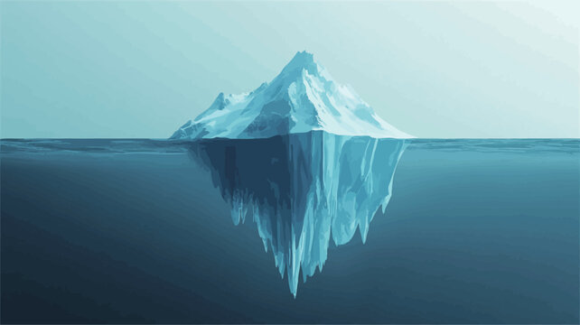 A digital rendering depicts an iceberg, partially submerged in a body of water. The visible portion of the iceberg is predominantly white with varying shades of blue, suggesting texture and depth.