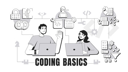 Coding basics banner conceptual illustration. Software development, programming. Artificial intelligence, open source. Abstract idea with stylized characters, outline icons. Monochrome vector