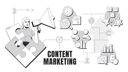 Content marketing banner conceptual illustration. Statistical metrics, charts. Customers, users. Social media, trends. Abstract idea with stylized character, outline icons. Monochrome vector