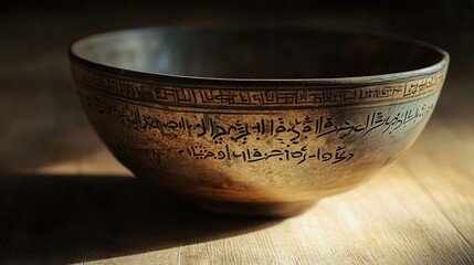 an ancient ceramic bowl with detailed calligraphic inscriptions spiraling around its edges, the delicate brushwork revealing the mastery of its creator. It rests on a wooden table in soft