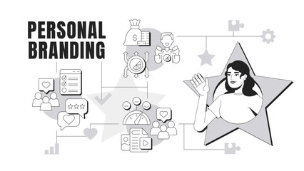 Personal branding banner conceptual illustration. Social media, advertising. Marketing, promoting. Public opinion. Abstract idea with stylized character, outline icons. Monochrome vector