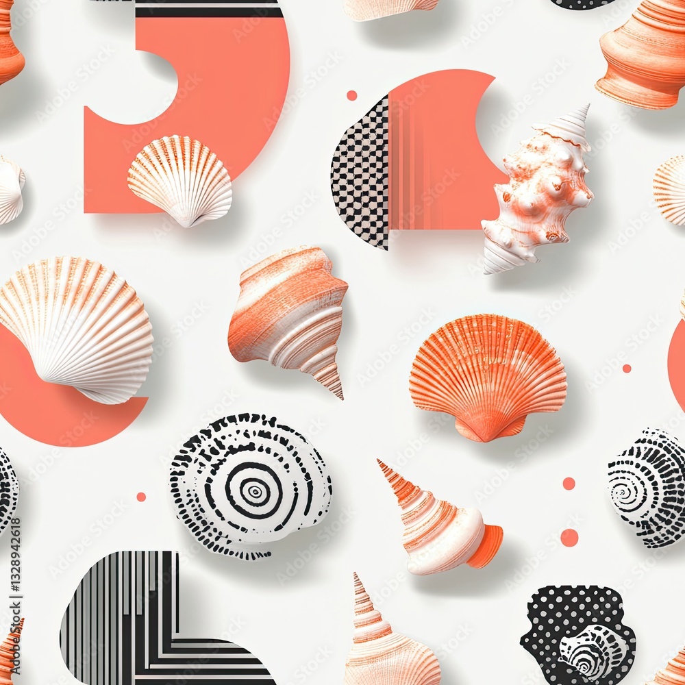 Poster seamless pattern soft minimalist seashells and geometric shapes