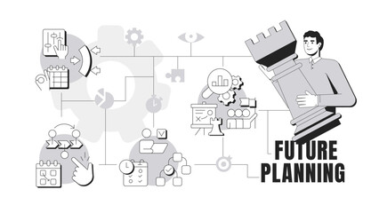 Future planning banner conceptual illustration. Business strategy, workflow organization. Leadership, teamwork. Abstract idea with stylized character, outline icons. Monochrome vector