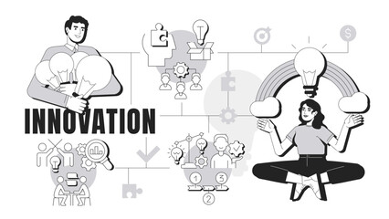 Innovation banner conceptual illustration. Brainstorm, teamwork. Communication, discussion. Ideas generation. Abstract idea with stylized characters, outline icons. Monochrome vector