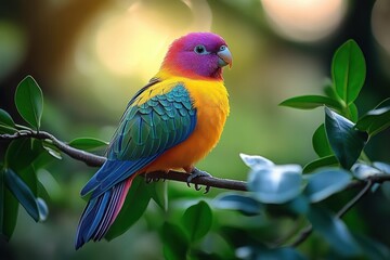 Obraz premium Vibrant Tropical Bird on Branch with Colorful Feathers in Sunlight