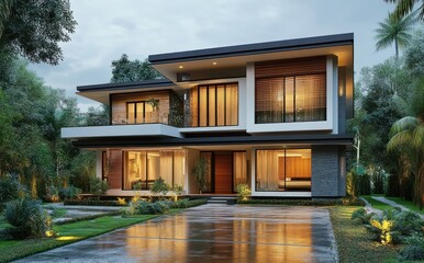 Fototapeta premium Modern Luxury Home with Contemporary Architecture Surrounded by Greenery
