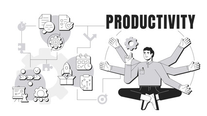 Productivity banner conceptual illustration. Personal efficiency, performance. Worker, employee. Business workflow, corporate. Abstract idea with stylized character, outline icons. Monochrome vector