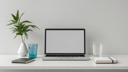 Fototapeta premium Modern workspace featuring a laptop, plants, and stationery on a clean white desk for efficient productivity