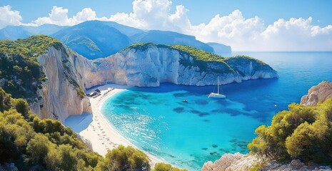 Fototapeta premium Secluded Beach with Turquoise Waters and Rugged Cliffs in Zakynthos Greece