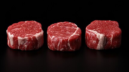 Beef cuts chart concept. Three premium beef cuts displayed on a dark background