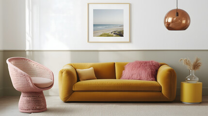 modern living room with white walls and a soft olive green baseboard
