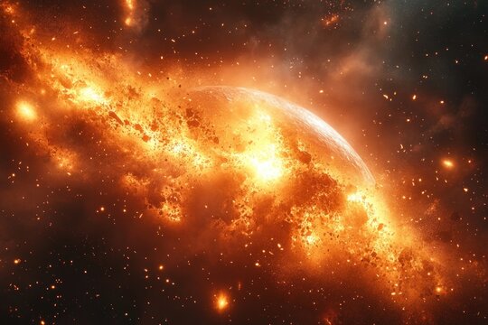 Fototapeta Catastrophic Cosmic Explosion of a Fiery Planet in Vibrant Flames and Debris