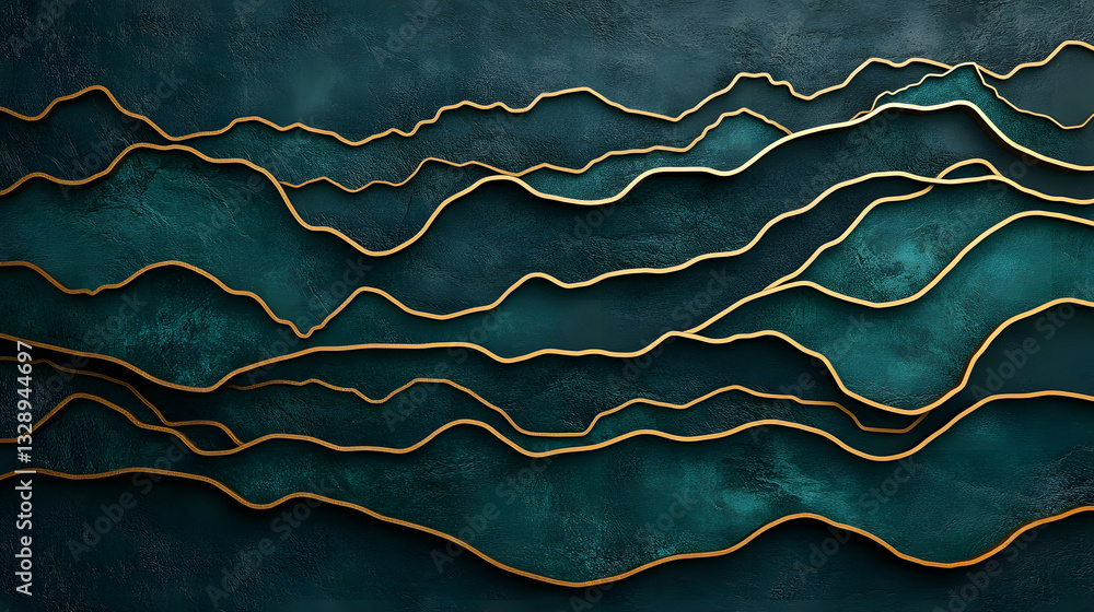 Poster a textured, abstract design featuring flowing lines in gold against a dark teal background, evoking 