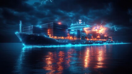 Obraz premium Futuristic Cargo Ship Glowing with Neon Wireframe Lines on Dark Ocean