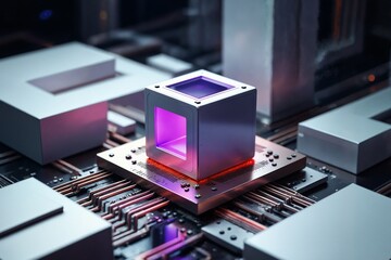 Detailaufnahme eines futuristischen Quantenprozessors auf metallischer Platine mit leuchtendem W&uuml;rfel und geometrischem Design in einer dunkel beleuchteten High-Tech-Umgebung  
