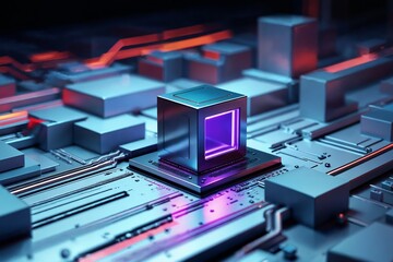 Detailaufnahme eines futuristischen Quantenprozessors auf metallischer Platine mit leuchtendem Würfel und geometrischem Design in einer dunkel beleuchteten High-Tech-Umgebung  
