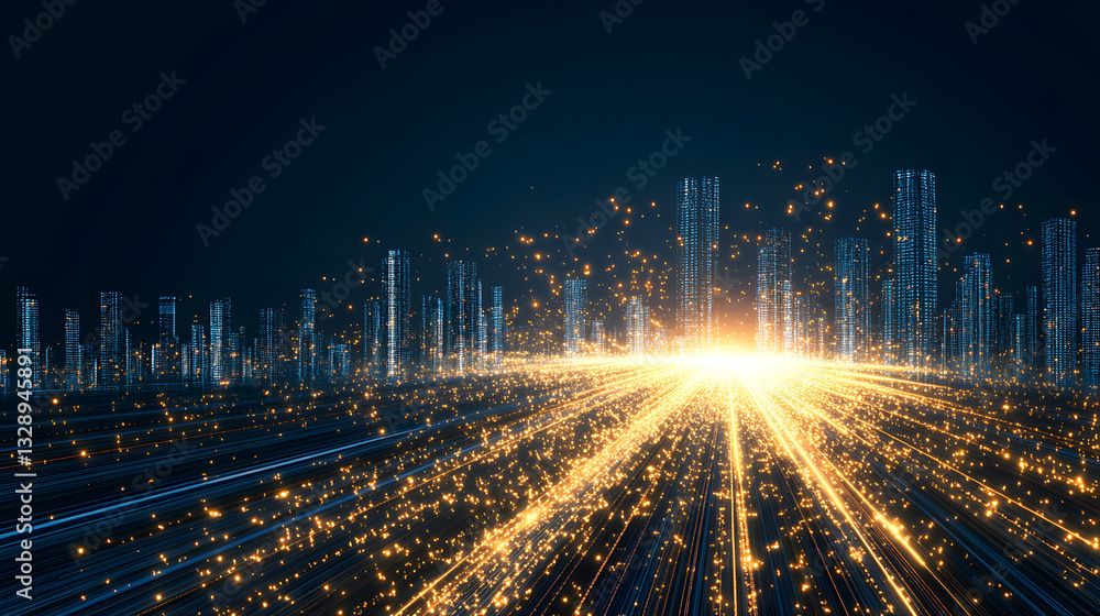 Poster a futuristic cityscape with bright, radiant lights and vibrant energy emanating from a central point