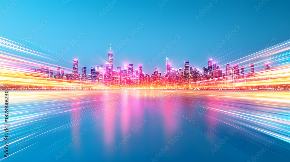 Poster a vibrant city skyline at dusk with colorful light trails reflecting on the water, creating a dynami