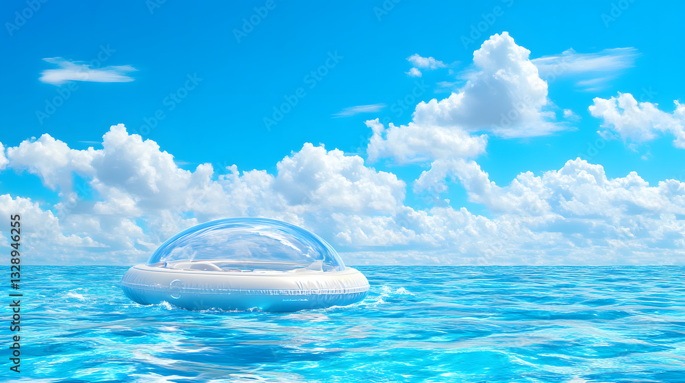 Poster a futuristic dome floats on calm ocean waters beneath a bright blue sky with fluffy clouds, creating