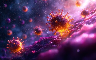 Fototapeta premium Close-Up Illustration of Virus Particles in Surrealist Style with Purple and Golden Yellow Palette