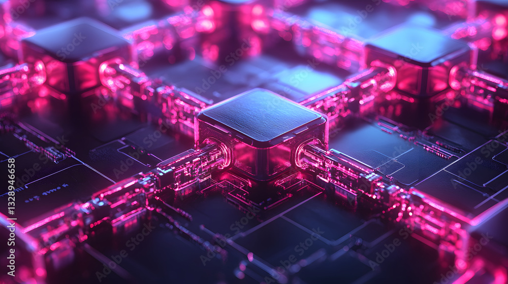 Poster a close-up view of interconnected, glowing digital circuits in shades of pink and blue, showcasing a