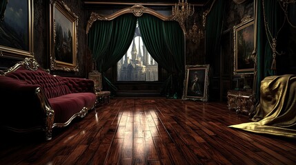 A dark Victorian-style space boasting cherrywood floors