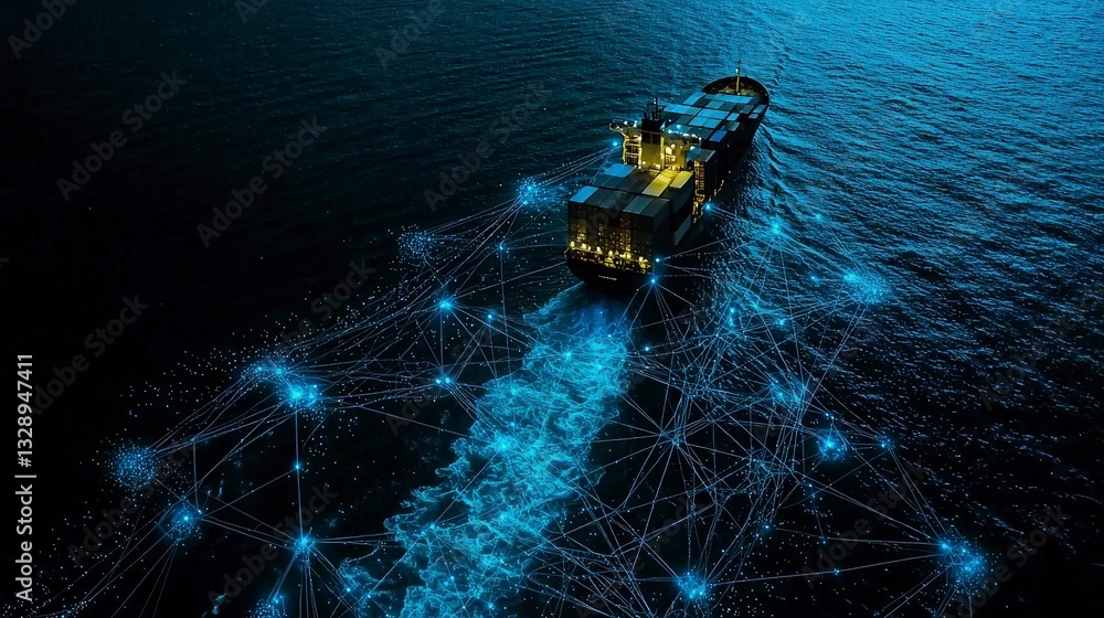 Poster container ship on ocean with digital data grid