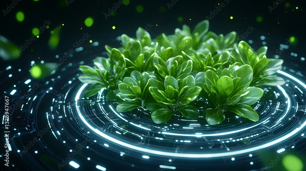 Poster lush green plants surrounded by a glowing circular pattern, creating a vibrant and futuristic atmosp