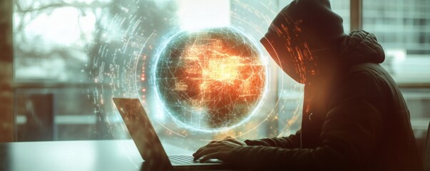 A hooded figure working on a laptop computer at a desk