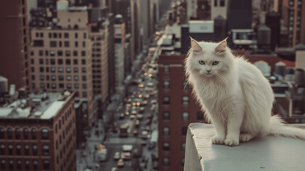 white long-haired Angora cat standing on a rooftop in the city