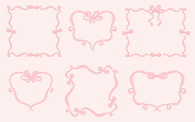 Vintage Coquette Frame with Bows Ribbons Set. Pink Girly Vibe. Vector illustration. Isolated Romantic Trendy aesthetic Template for wedding, birthday, card, party invitations