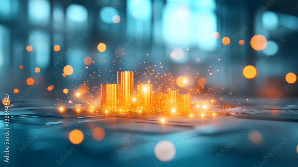 Poster A glowing cityscape visual with golden structures and shimmering lights set against a blue background, suggesting a futuristic theme