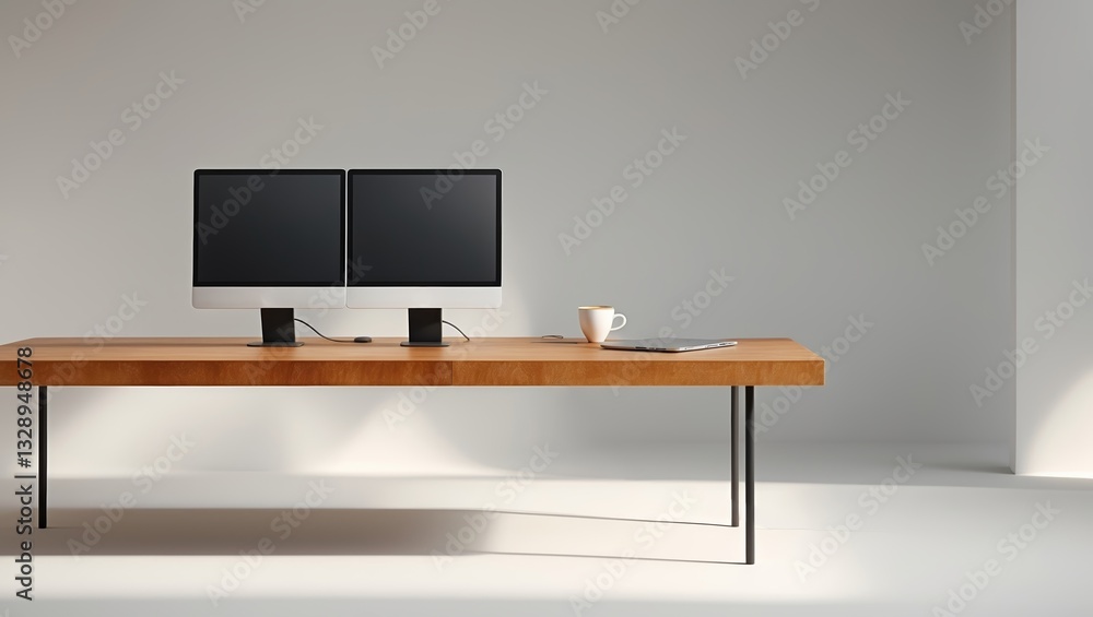 Poster modern workspace with dual monitors, a cup, and a notebook in a minimalistic environment