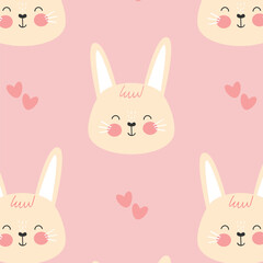 Cute bunny seamless pattern, vector illustration with pastel pink rabbits and hearts for kids' textile, baby decor, wrapping paper, and nursery wallpaper