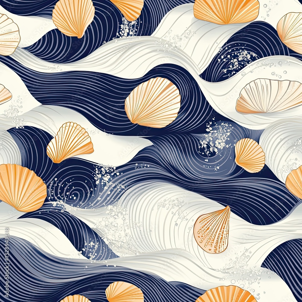 Poster seashells and wave pattern dynamic flowing shapes for design