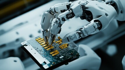 A robotic gripper hand assembling a smartphone motherboard, visible gold circuit lines and soldering joints, clean laboratory background