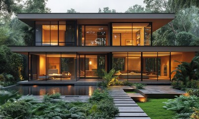 Fototapeta premium Modern Tropical House Surrounded by Lush Greenery in Warm Golden Hour Sunlight