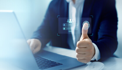 Fingerprint scanning allows access security and identification big data.Cyber ​​security technology on Internet. Biometric authentication of personal account. Biometric secure personal data access