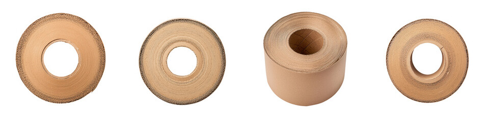 A minimalist still life composition featuring a row of beige wooden cylindrical and ring shaped objects with a clean modern aesthetic