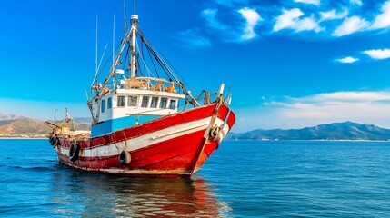 Obraz premium Weathered Fishing Boat on Calm Ocean Water Under Blue Sky with Distant Mountains